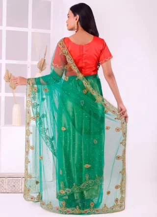 Rama Net Traditional Saree with Stone and Thread Work