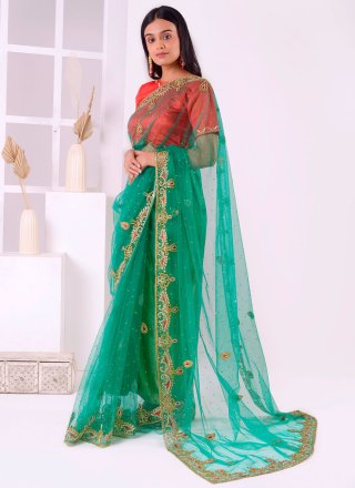 Rama Net Traditional Saree with Stone and Thread Work