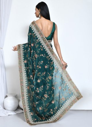 Rama Satin Silk Classic Saree with Embroidered and Sequins Work