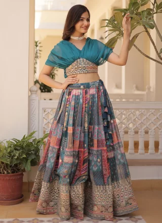 Rama Silk Digital Print, Embroidered and Foil Print Work Readymade Lehenga Choli for Ceremonial