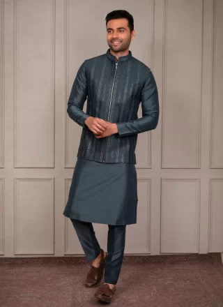 Rama Silk Embroidered Work Kurta Payjama with Jacket for Ceremonial