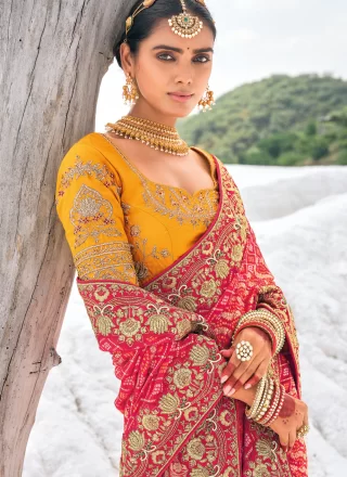 Rani and Red Georgette Traditional Saree with Embroidered, Patola Print, Weaving and Zari Work for Women