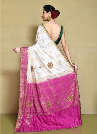 Rani and White Satin Silk Contemporary Saree with Hand Work for Ceremonial