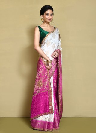 Rani and White Satin Silk Contemporary Saree with Hand Work for Ceremonial