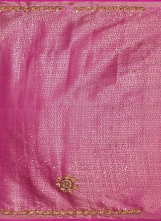 Rani and White Satin Silk Contemporary Saree with Hand Work for Ceremonial