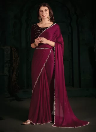 Rani Chiffon Satin Velvet Patch and Zircon Work Designer Sari for Ceremonial