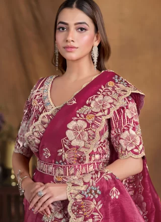Rani Crush Classic Sari with Moti, Sequins and Stone Work for Ceremonial