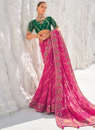 Rani Georgette Designer Saree with Embroidered, Patola Print, Weaving and Zari Work
