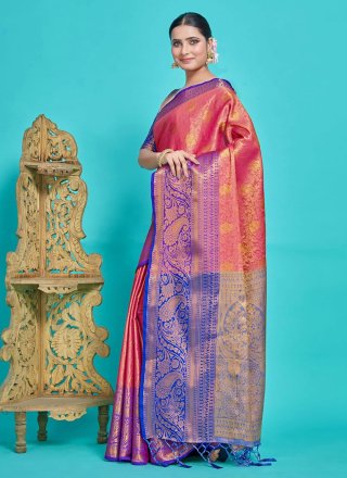 Rani Kanjivaram Silk Woven and Zari Work Contemporary Sari for Engagement