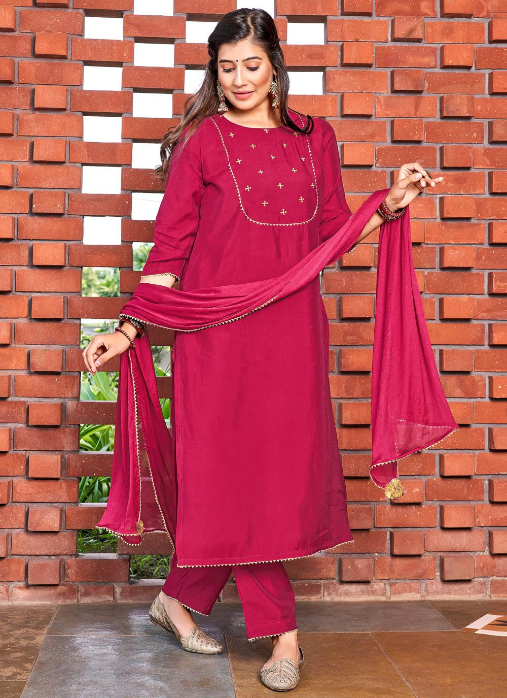 Buy Rani Lace and Plain Work Art Silk Salwar Suit 289629