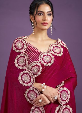 Rani Satin Silk Embroidered, Moti, Sequins and Thread Work Classic Saree for Women
