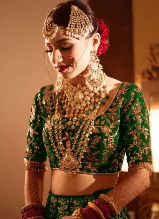 Ravishing Green Velvet Lehenga Choli with Diamond, Dori and Embroidered Work