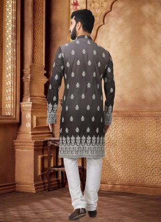 Ravishing Grey Cotton Kurta Pyjama with Embroidered and Thread Work
