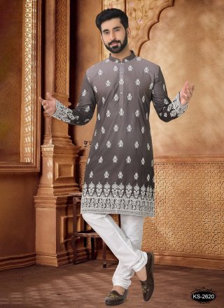 Ravishing Grey Cotton Kurta Pyjama with Embroidered and Thread Work
