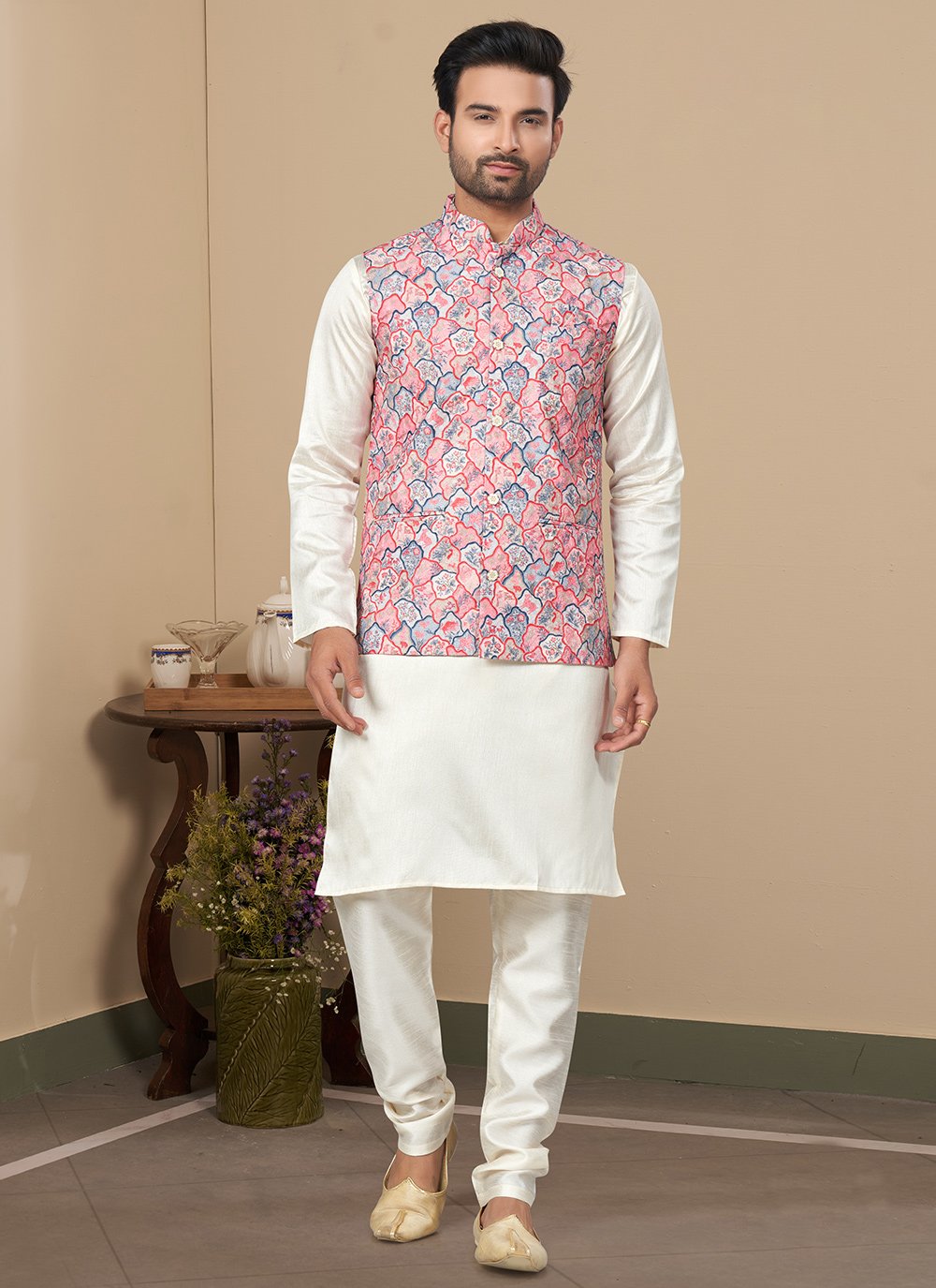 Ravishing Multi Colour and Off White Cotton Kurta Payjama with Jacket