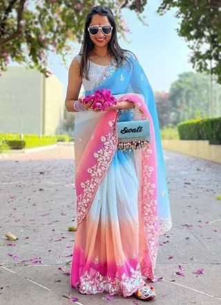 Ravishing Multi Colour Georgette Classic Sari with Embroidered, Sequins, Thread and Zari Work