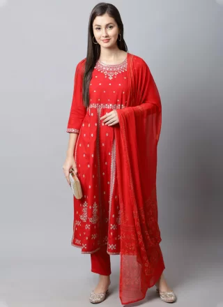 Rayon Readymade Salwar Suit In Red