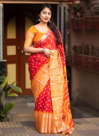 Red and Yellow Jute Silk Print Work Contemporary Sari