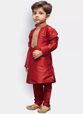 Red Art Dupion Silk Kurta Pyjama In Plain for Kid