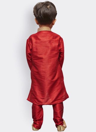 Red Art Dupion Silk Kurta Pyjama In Plain for Kid