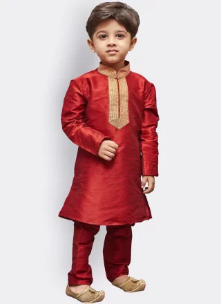 Red Art Dupion Silk Kurta Pyjama In Plain for Kid