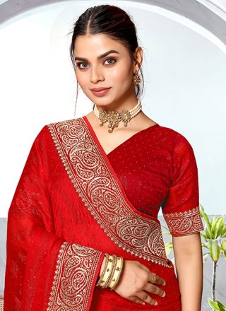 Red Art Silk Embroidered and Swarovski Work Contemporary Sari for Women
