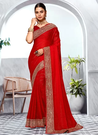 Red Art Silk Embroidered and Swarovski Work Contemporary Sari for Women