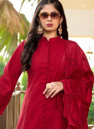 Red Art Silk Pant Style Suit In Plain for Women