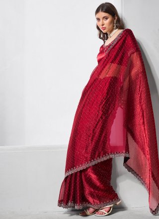 Red Burburry Contemporary Sari with Cut Dana and Swarovski Work