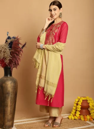 Red Chanderi Readymade Salwar Suit with Embroidered Work