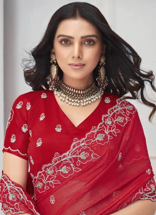 Red Chiffon Classic Sari with Patch Border and Embroidered Work