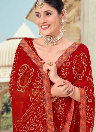 Red Chiffon Classic Sari with Print Work