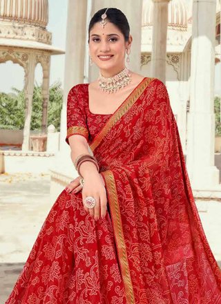 Red Chiffon Contemporary Saree with Print Work