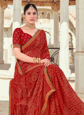 Red Chiffon Contemporary Saree with Print Work