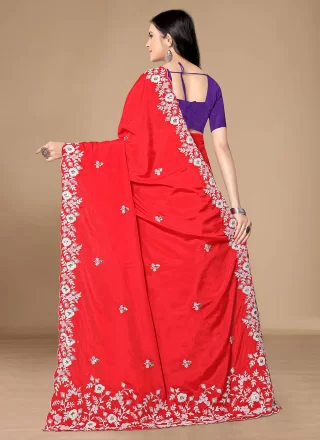 Red Chinon Embroidered Work Contemporary Sari for Ceremonial