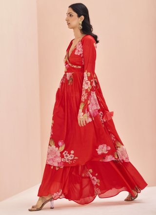 Red Chinon Embroidered Work Party Wear Kurti for Women