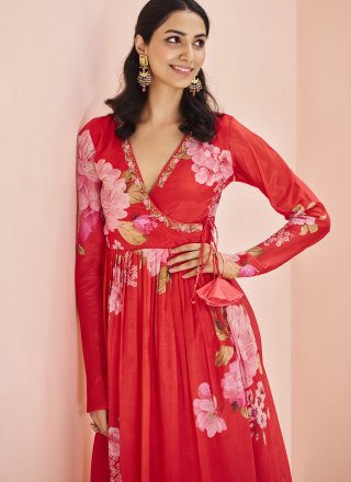 Red Chinon Embroidered Work Party Wear Kurti for Women