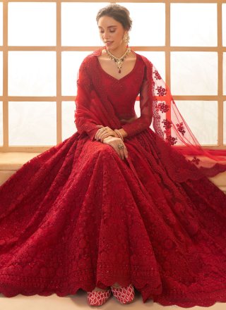 Red Cord, Floral Patch, Stone and Thread Work Net Lehenga Choli