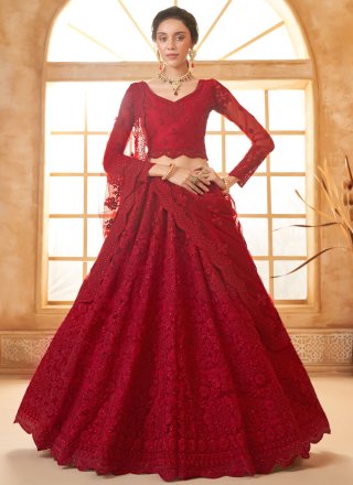 Red Cord, Floral Patch, Stone and Thread Work Net Lehenga Choli
