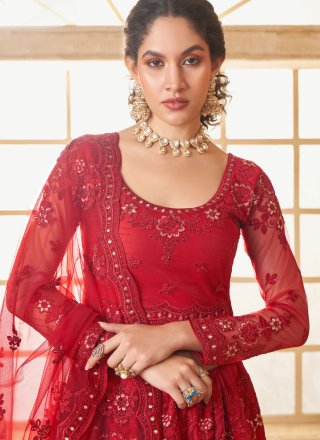 Red Cord, Floral Patch, Stone and Thread Work Net Lehenga Choli