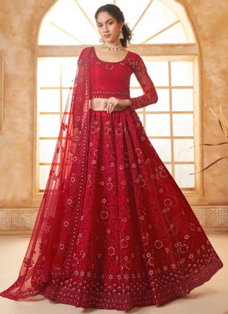 Red Cord, Floral Patch, Stone and Thread Work Net Lehenga Choli