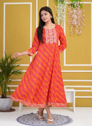Red Cotton Casual Kurti with Embroidered, Gota and Print Work for Women