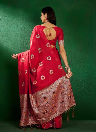 Red Cotton Classic Sari with Jacquard and Woven Work for Casual