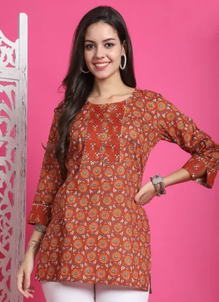 Red Cotton Designer Kurti with Print Work for Women