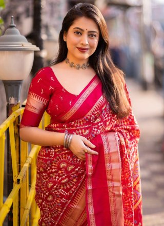 Red Cotton Designer Sari with Print, Woven and Zari Work