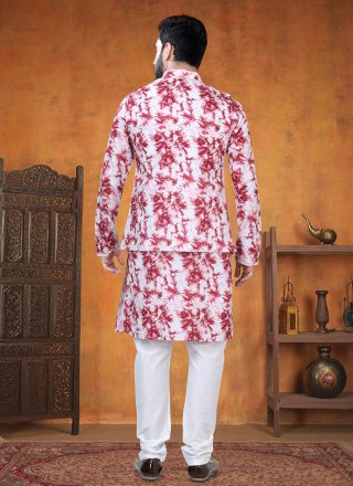 Red Cotton Print Work Kurta Payjama with Jacket for Ceremonial