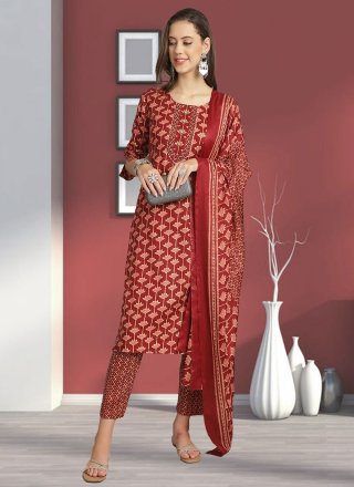 Red Cotton Print Work Salwar Suit for Casual