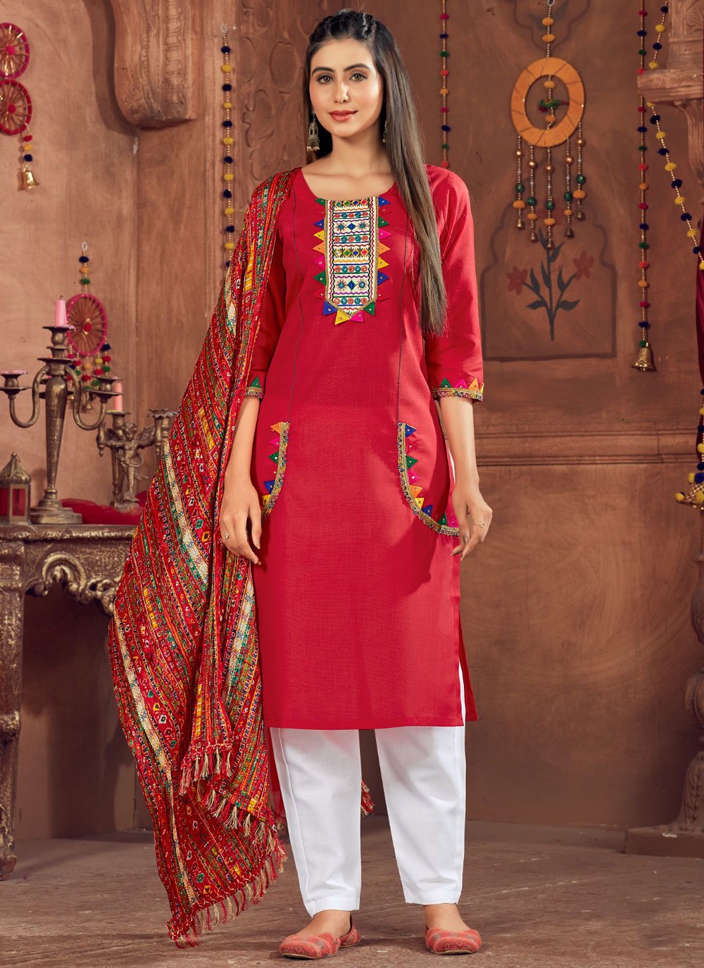 Buy Red Cotton Salwar Suit with Embroidered Work Online
