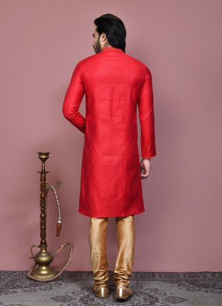Red Cotton Silk Kurta Pyjama with Resham and Woven Work for Ceremonial