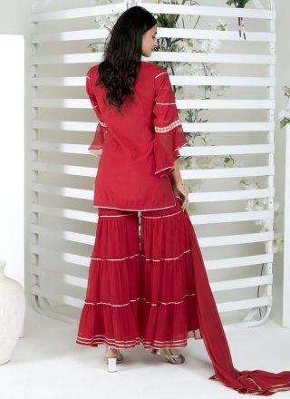 Red Cotton Silk Readymade Salwar Suit with Embroidered Work